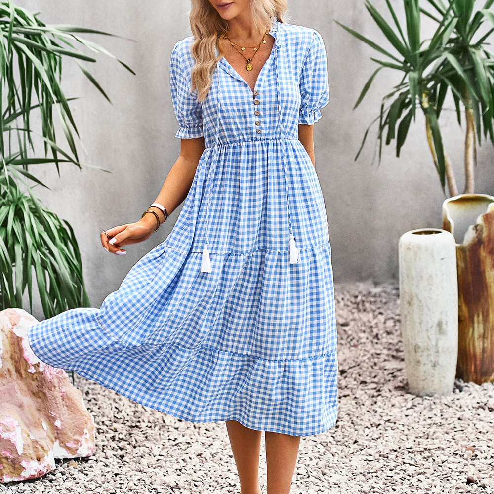 Fashion Elegant Plaid Short Sleeve Summer Elastic Waist Ruffles Midi Dress