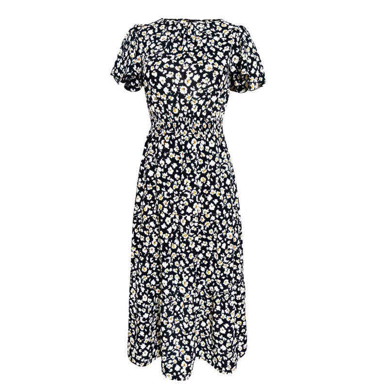 Women Floral Printed Elegant High Waist Short Sleeve Dress