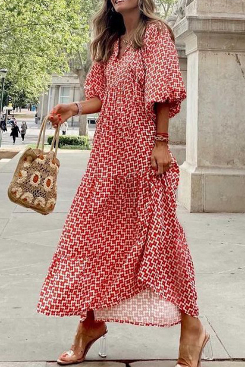 Casual Geometric Frenulum Flounce V Neck A Line Dresses(7 Colors)