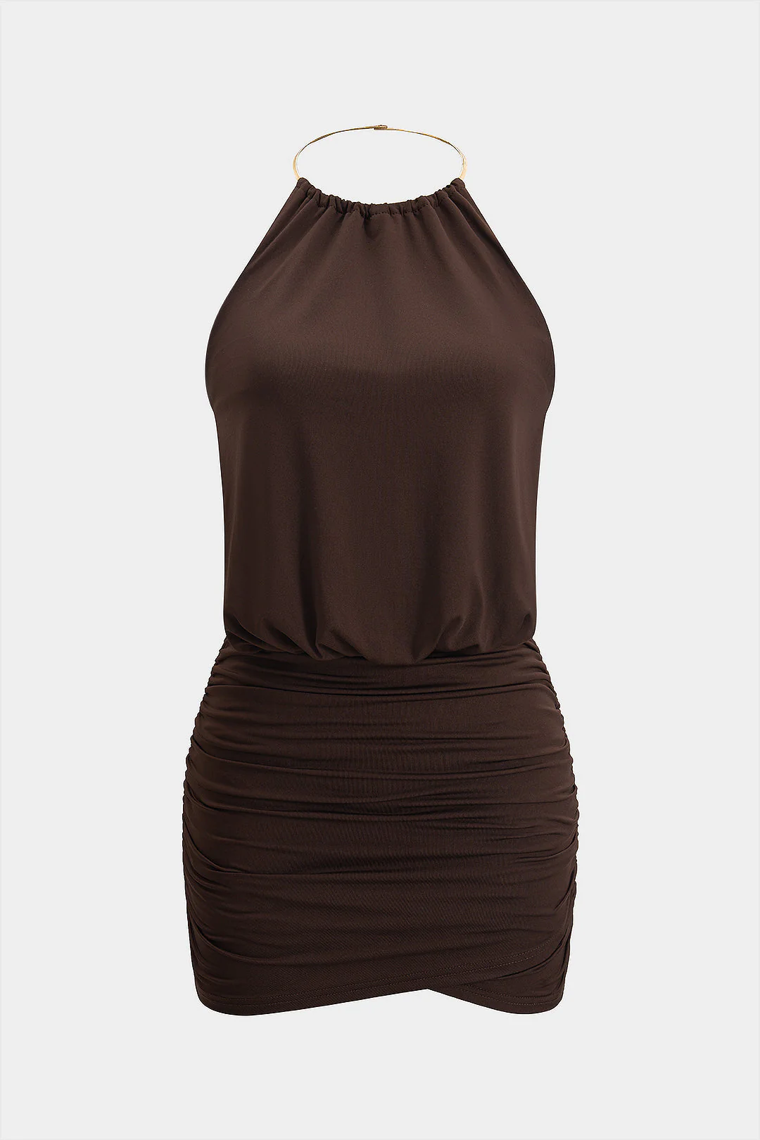 Halter Neck Metallic Chain Backless Tie-Up Ruched Sleeveless Mini Dress
