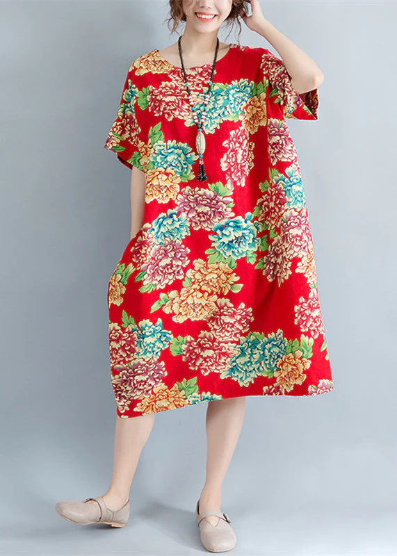 boutique red floral Midi-length linen dress plus size linen clothing dresses casual o neck short sleeve linen cotton dress