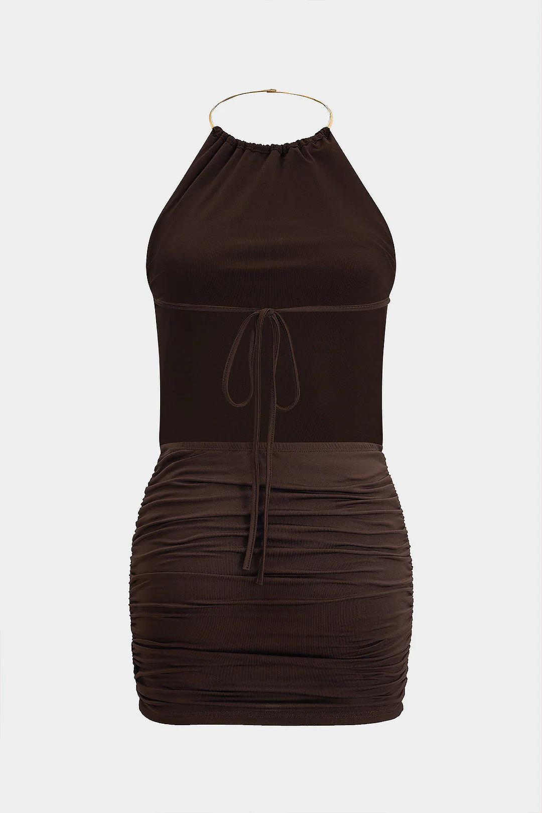 Halter Neck Metallic Chain Backless Tie-Up Ruched Sleeveless Mini Dress