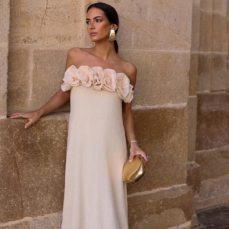 Bandeau 3D Flower Solid Color Maxi Dress