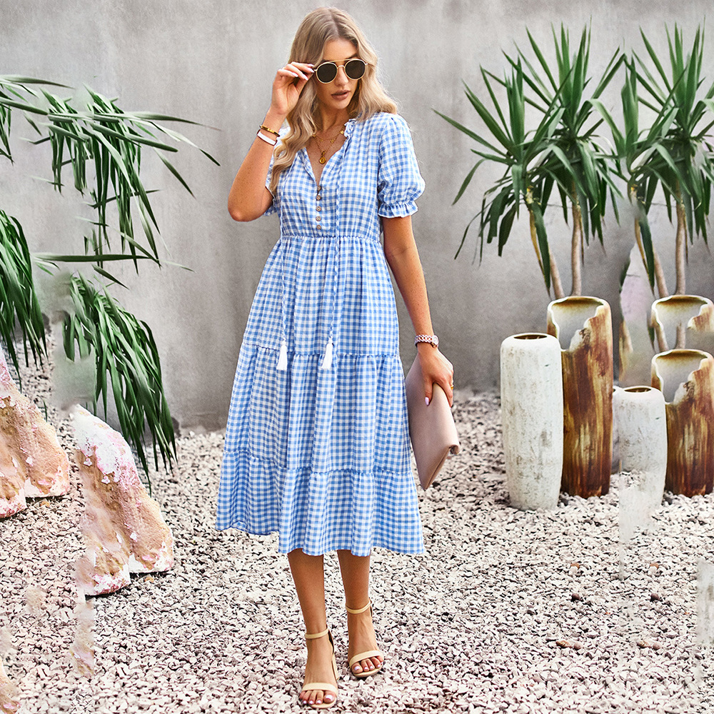 Fashion Elegant Plaid Short Sleeve Summer Elastic Waist Ruffles Midi Dress