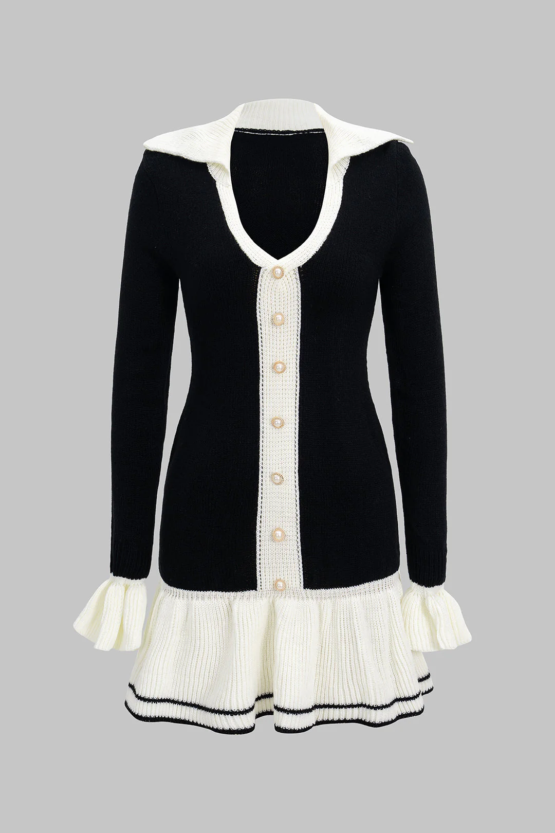 V-Neck Patchwork Button Sweater Dress