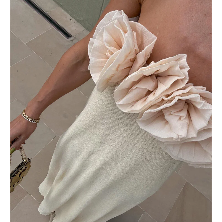 Bandeau 3D Flower Solid Color Maxi Dress