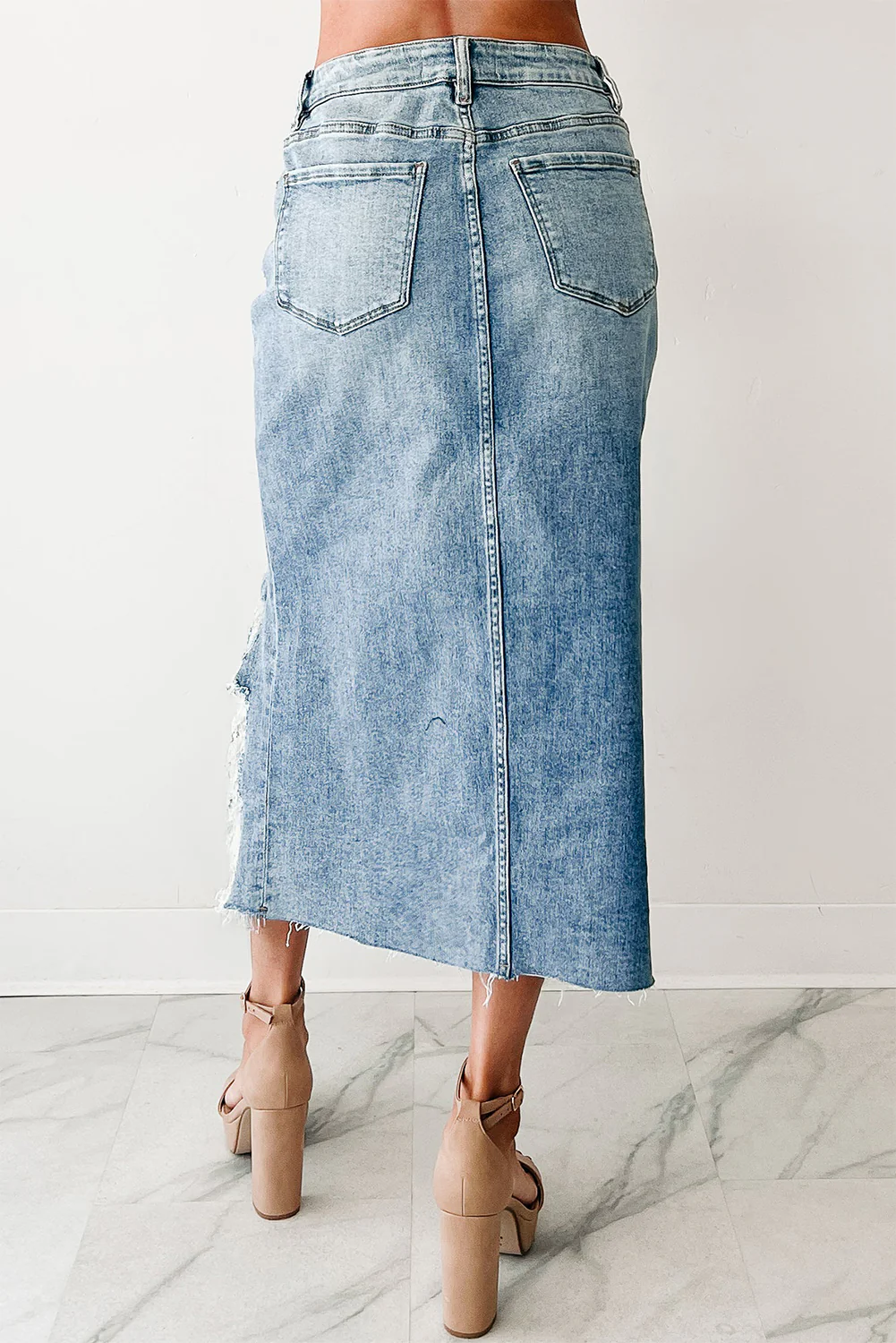 Irregular Distressed Bottom Denim Midi Skirt