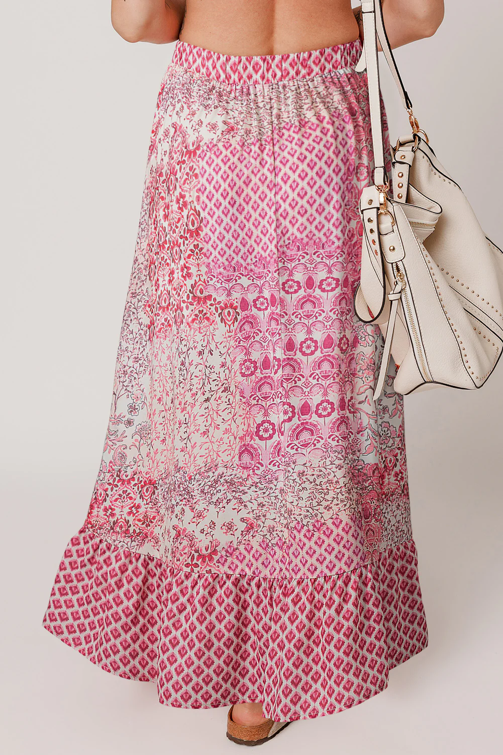 Red Boho Pattern Print Tassel Drawstring High Waist Maxi Dress