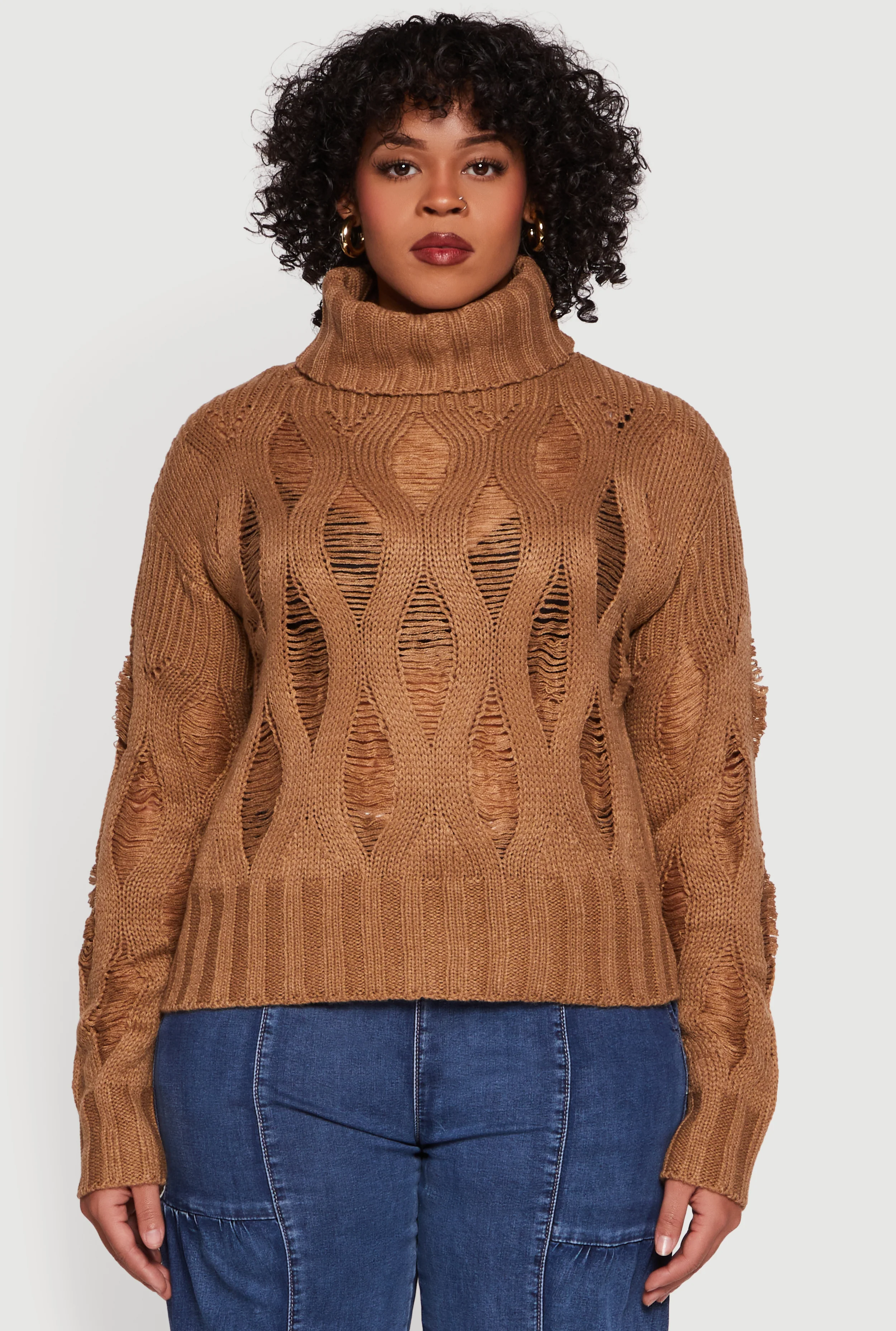 Plus Size Distressed Cable Knit Turtleneck Sweater