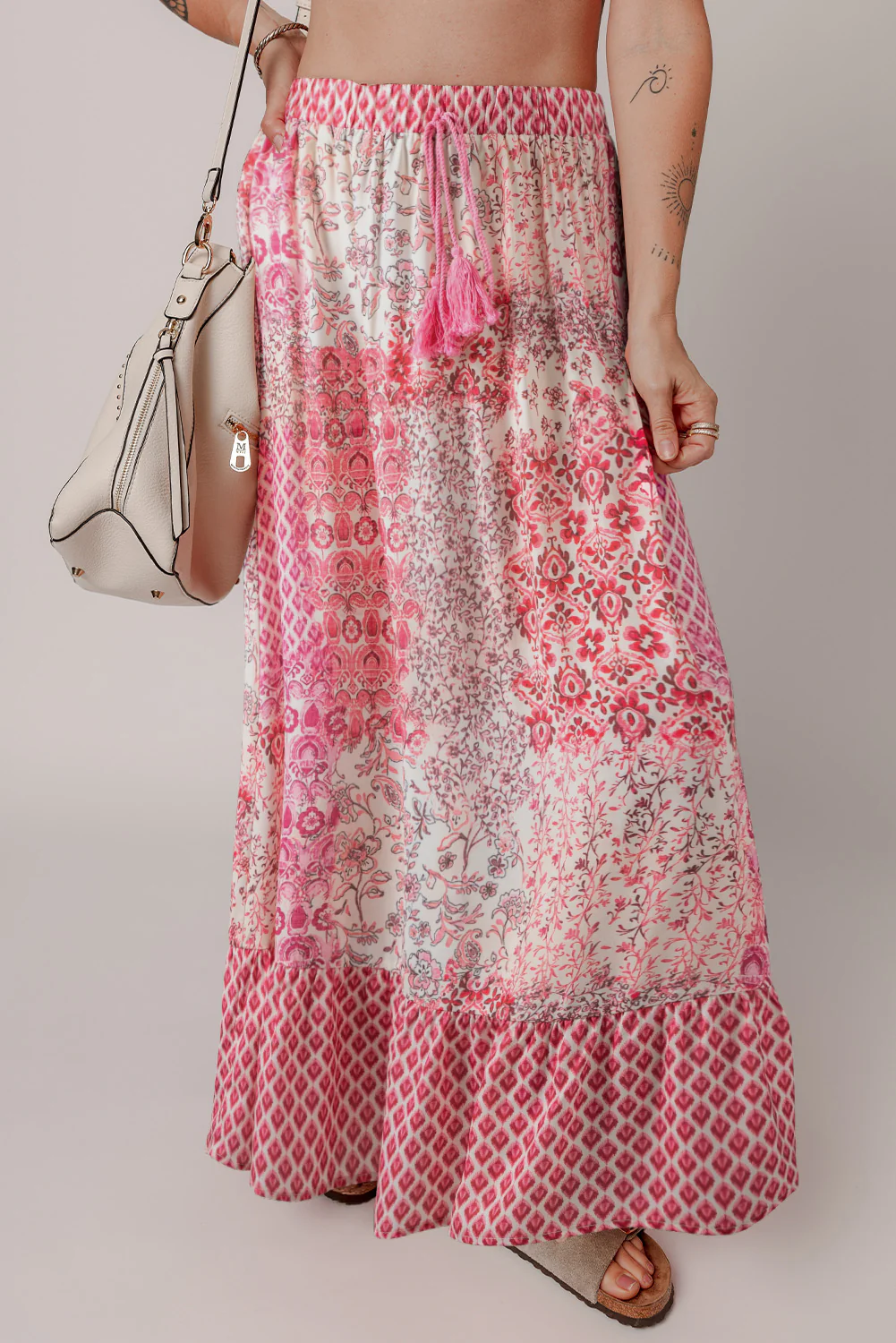 Red Boho Pattern Print Tassel Drawstring High Waist Maxi Dress