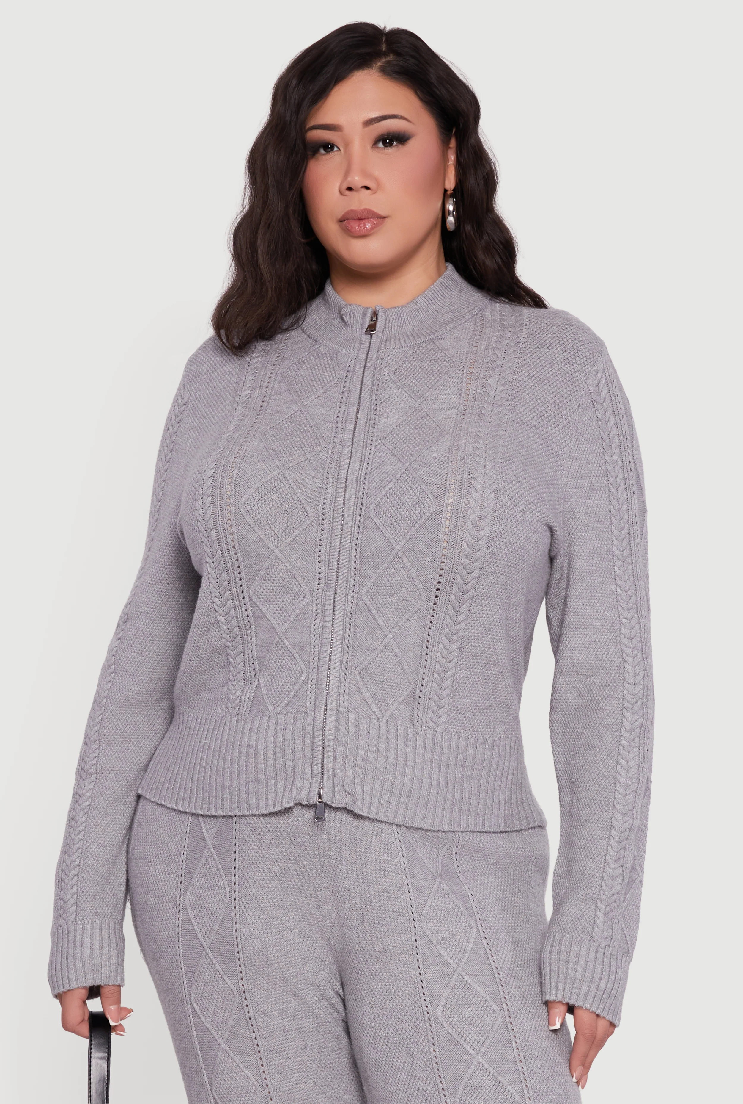 Plus Size Cable Knit Sweater with Zip Front