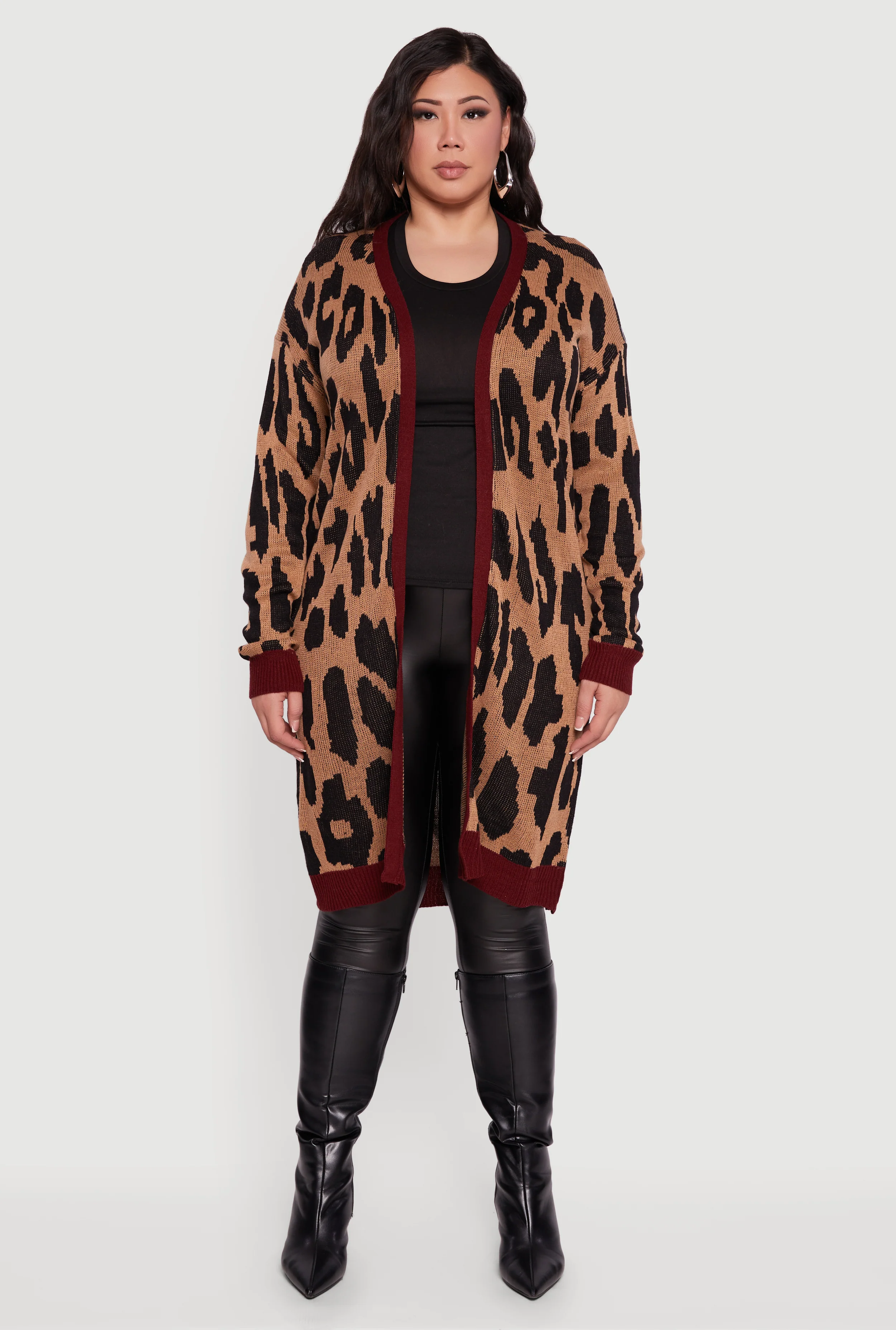 Plus Size Leopard Print Open Front Long Cardigan