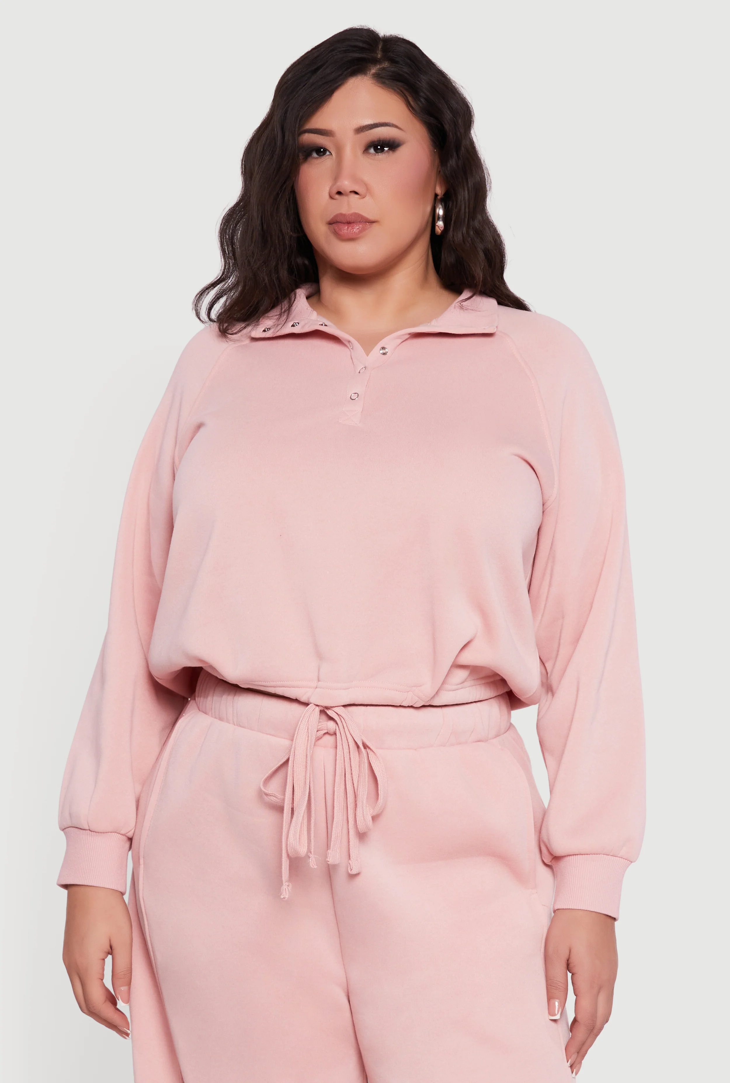Plus Size Raglan Sleeve Snap Button Front Sweatshirt