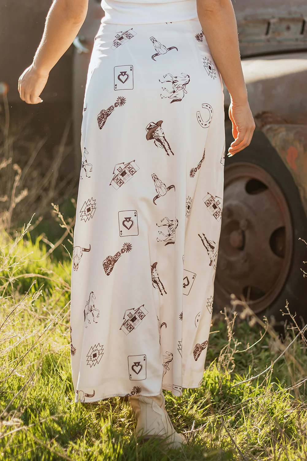 Beige Western Print Satin Long Skirt