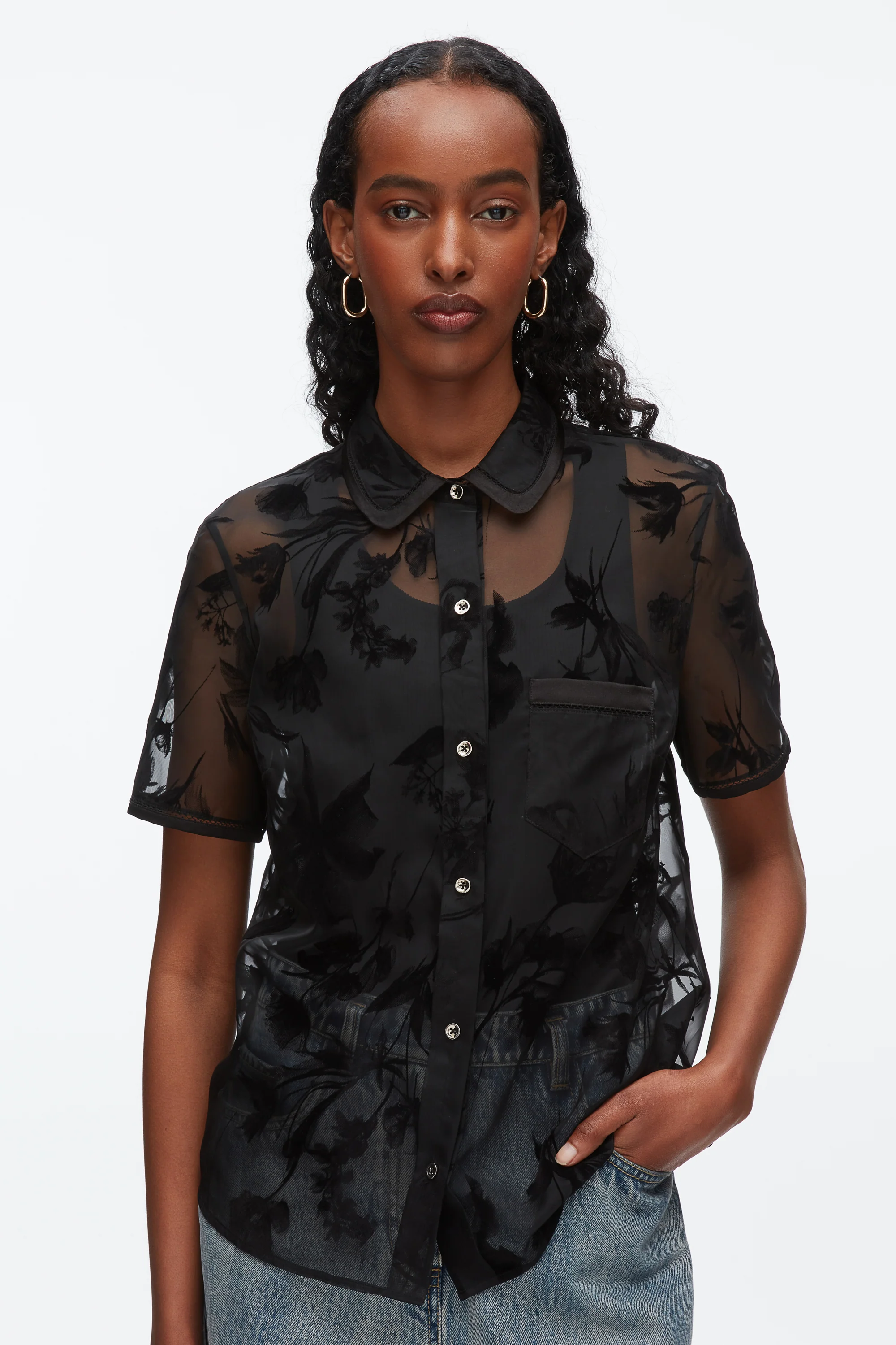 Flocked Organza Short Sleeve Shirt