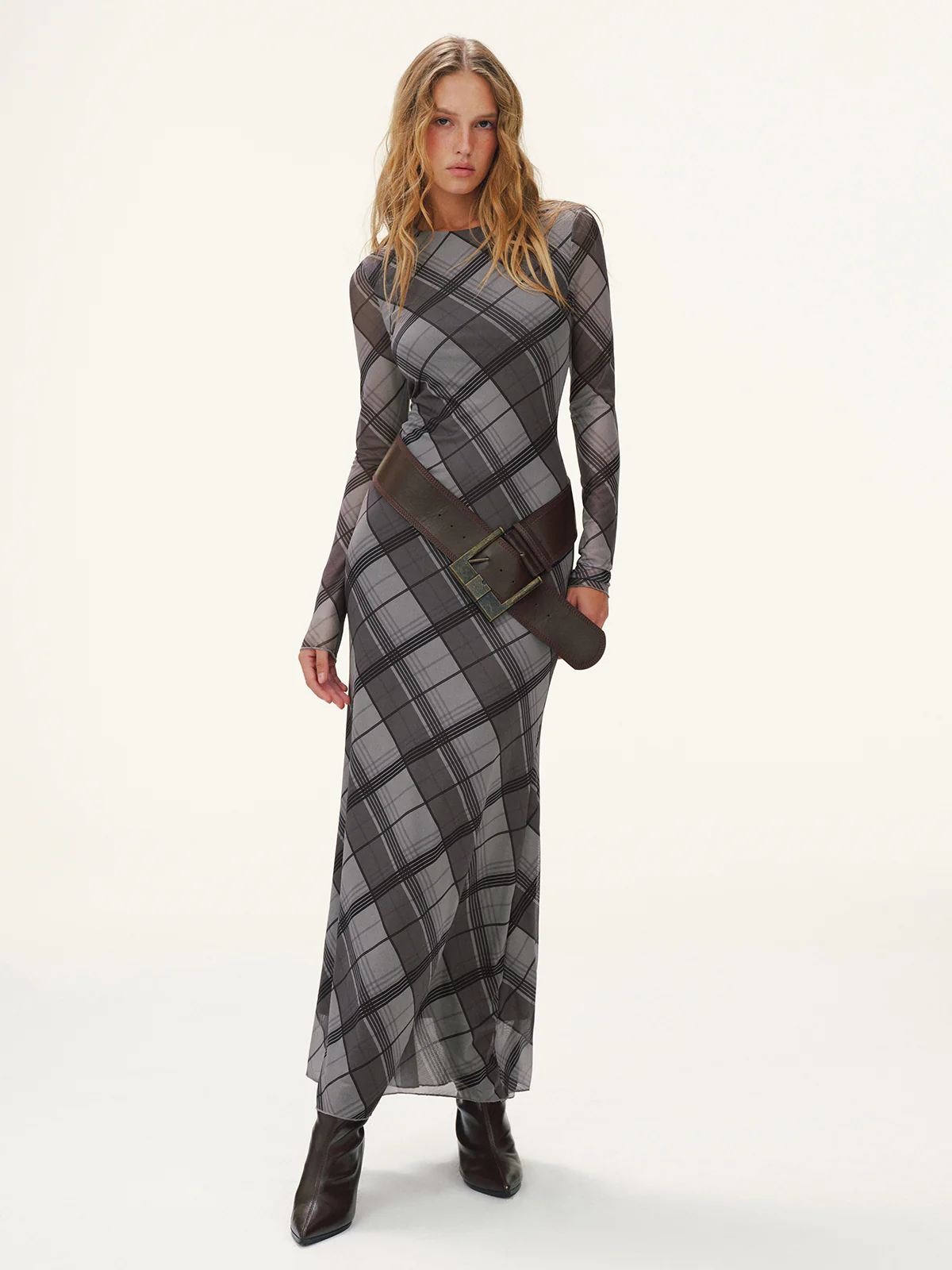 Plaid Mesh Long Sleeve Maxi Dress without Belt